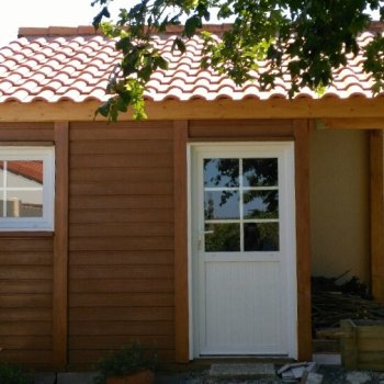 Abri de jardin en béton aspect bois 1 pente avec bûcher